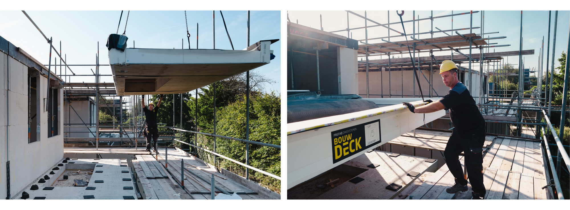 Photos of prefabricated roof elements from Bouwdeck being installed by a technician