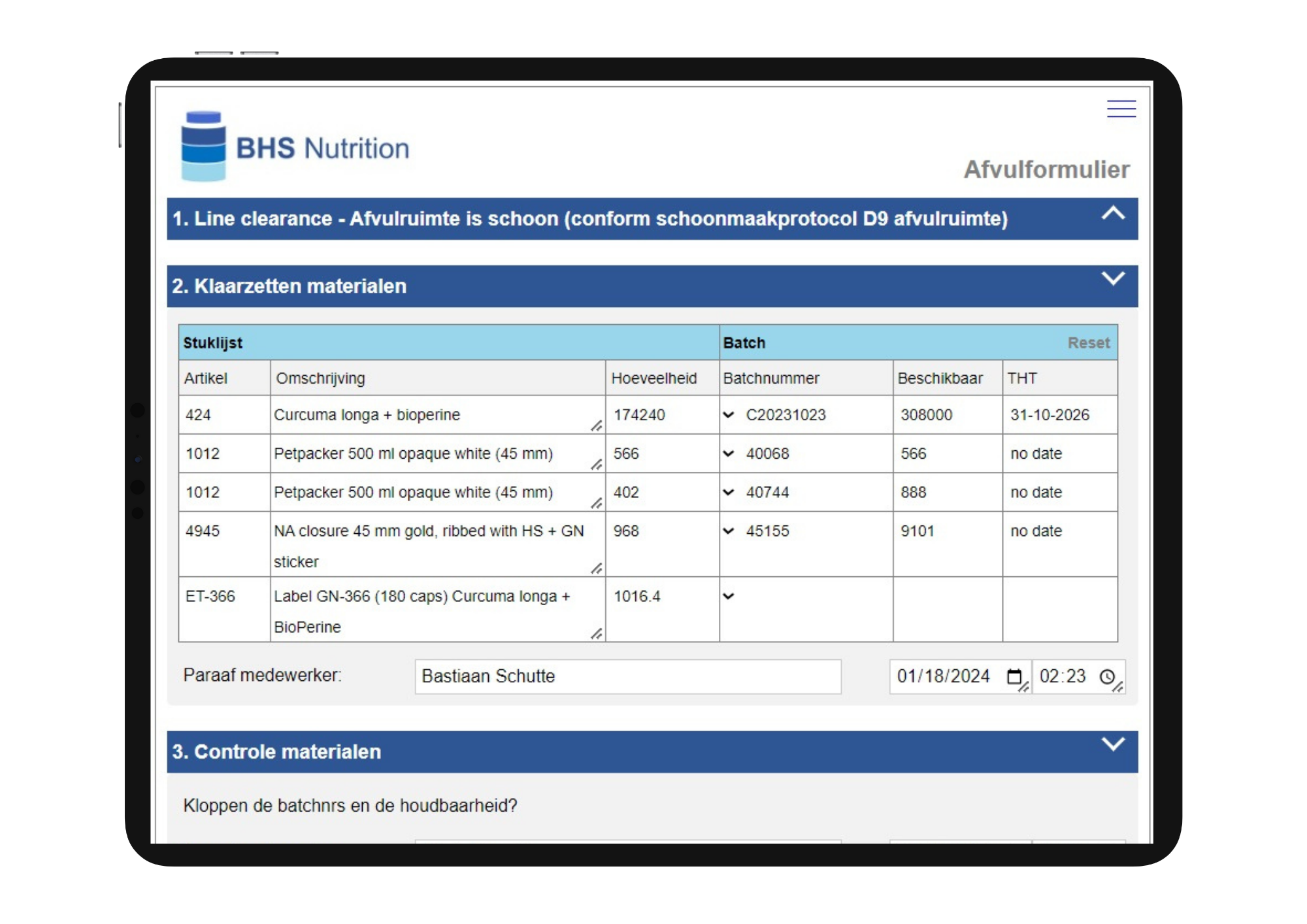 Screenshot van tablet van digitaal formulier van BHS in vPlan