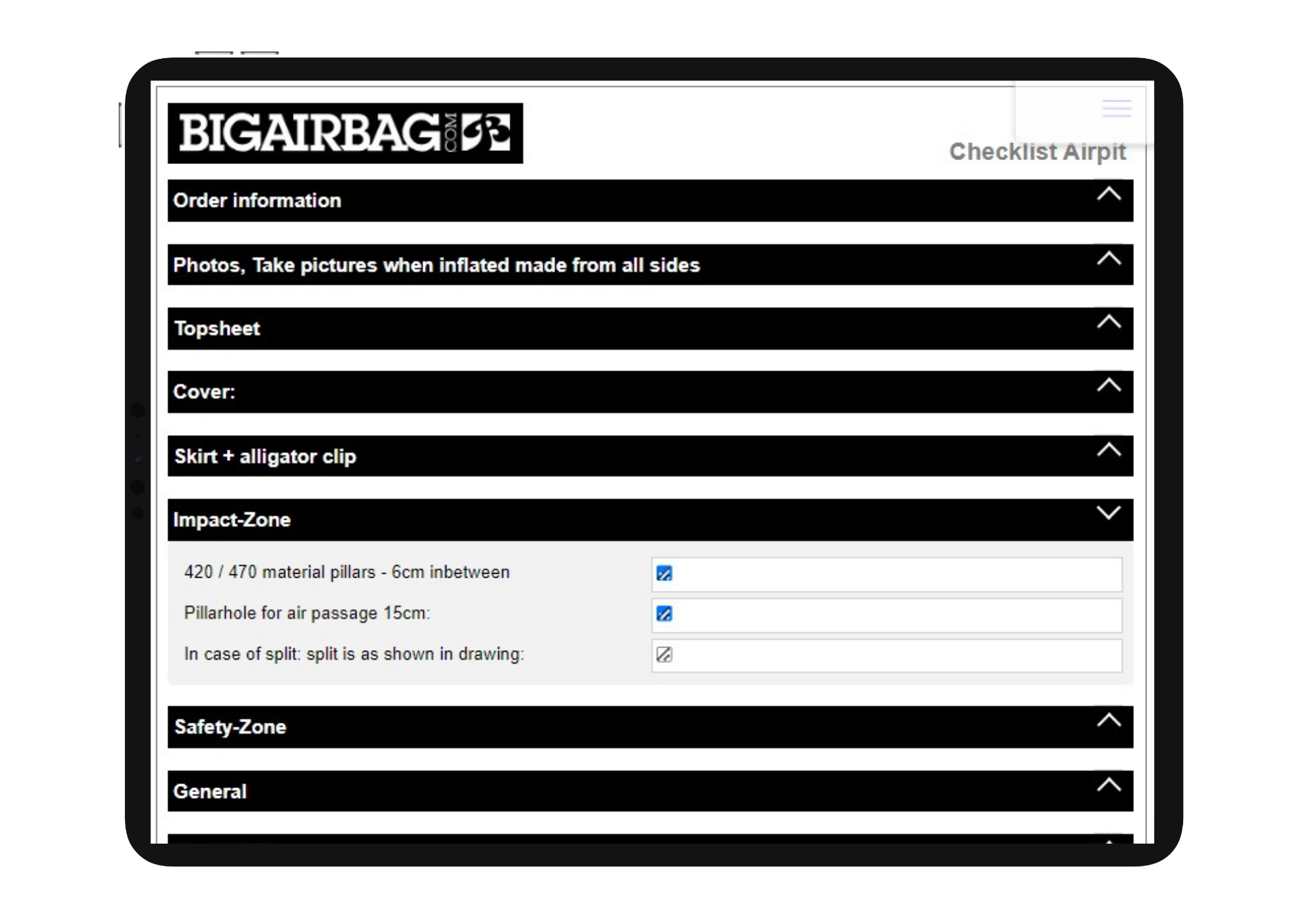Screenshot of tablet of digital form of BigAirbag in vPlan