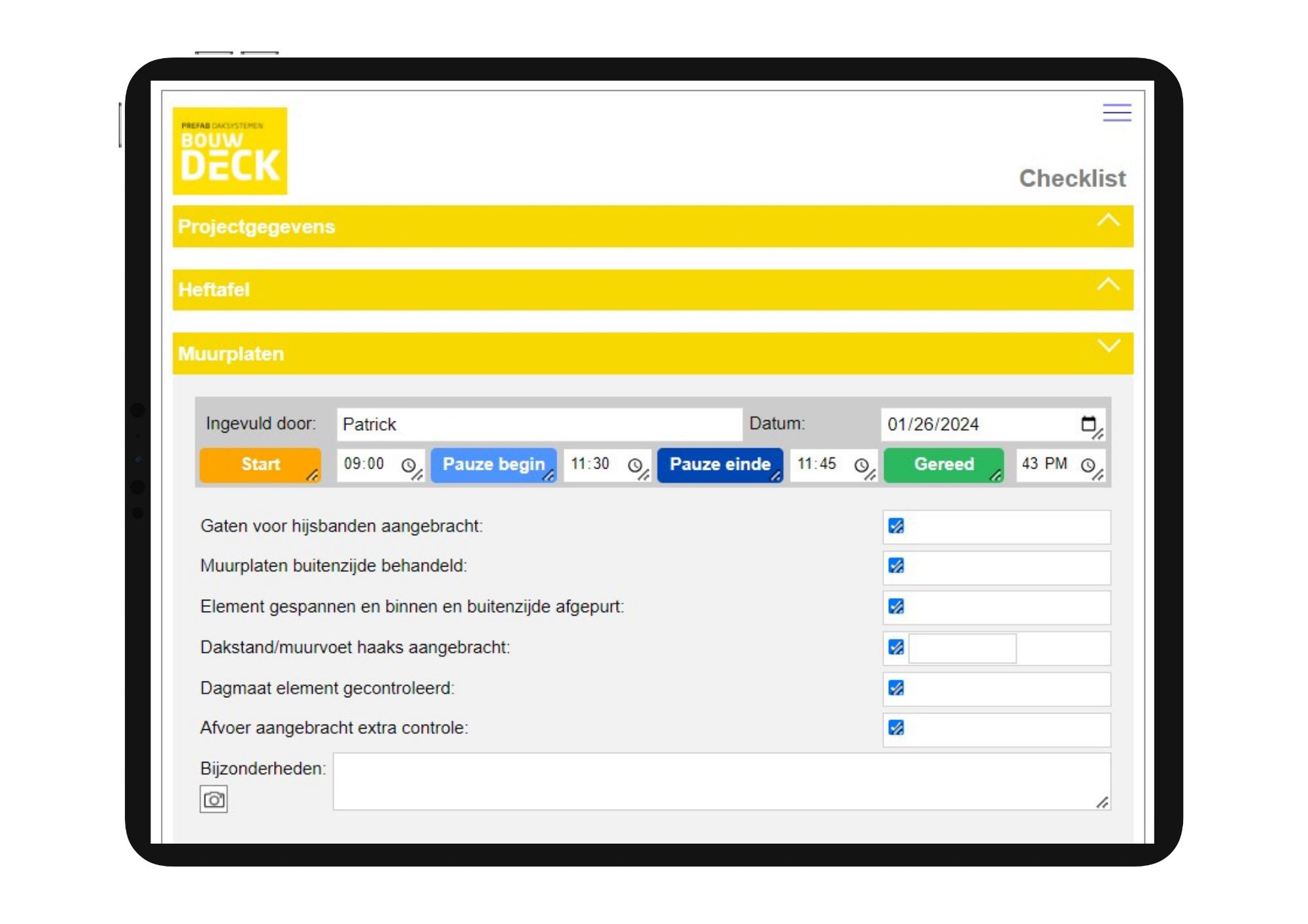 Screenshot of tablet of digital form of Bouwdeck in vPlan